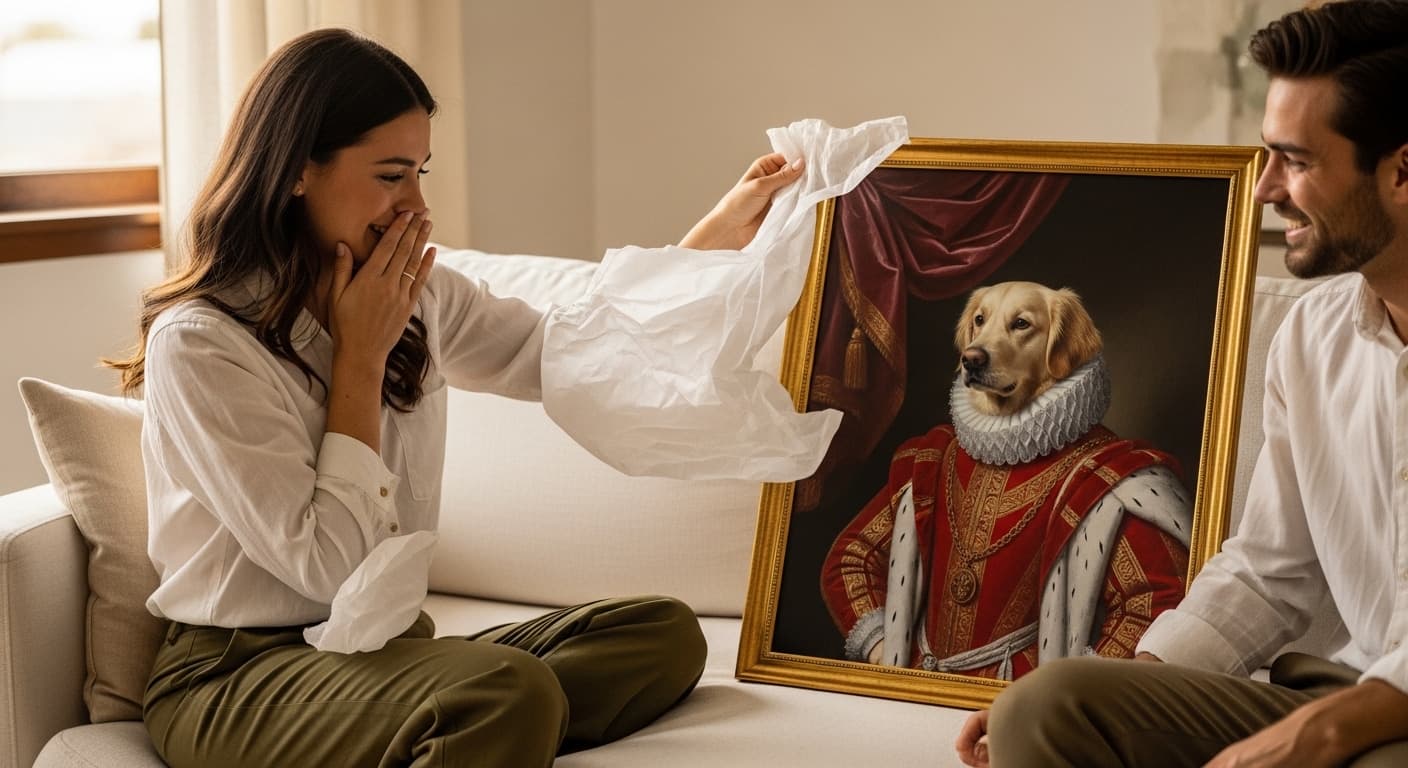 Mom reacting to her framed pet portrait — Mother's Day gift reveal